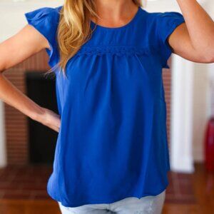 All For You Royal Blue Scallop Lace Yoke Tulip Sleeve Top